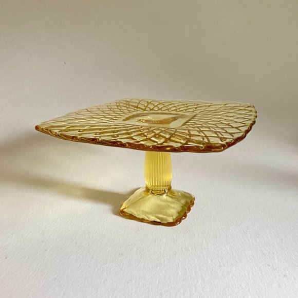 Vintage LE Smith Yellow Depression Glass Pedestal Cake Stand | Rare | 9.5" - Picture 8 of 14